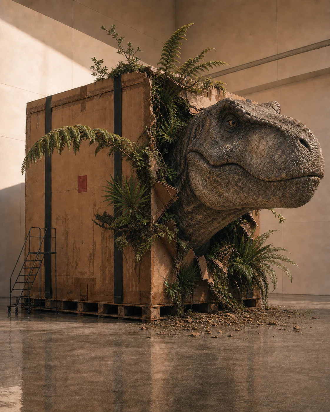 Um tiranossauro gigantesco e uma floresta pré-histórica rompem a lateral de uma enorme caixa de papelão.